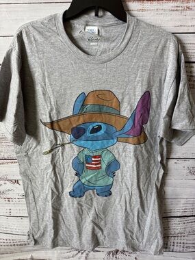 Disney Gray Kids Tee with Blue Stitch Wearing Cowboy Hat